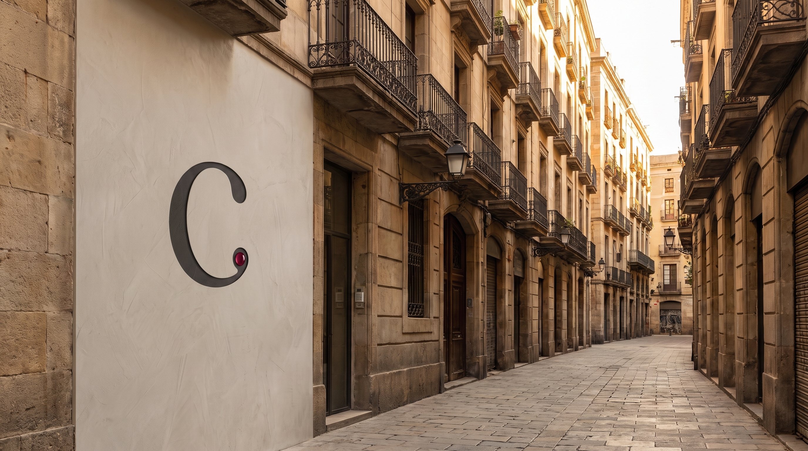 A Barcelona Gothic Quarter street; the Ciré Barcelona C and ruby dot pressed into a freshly plastered wall