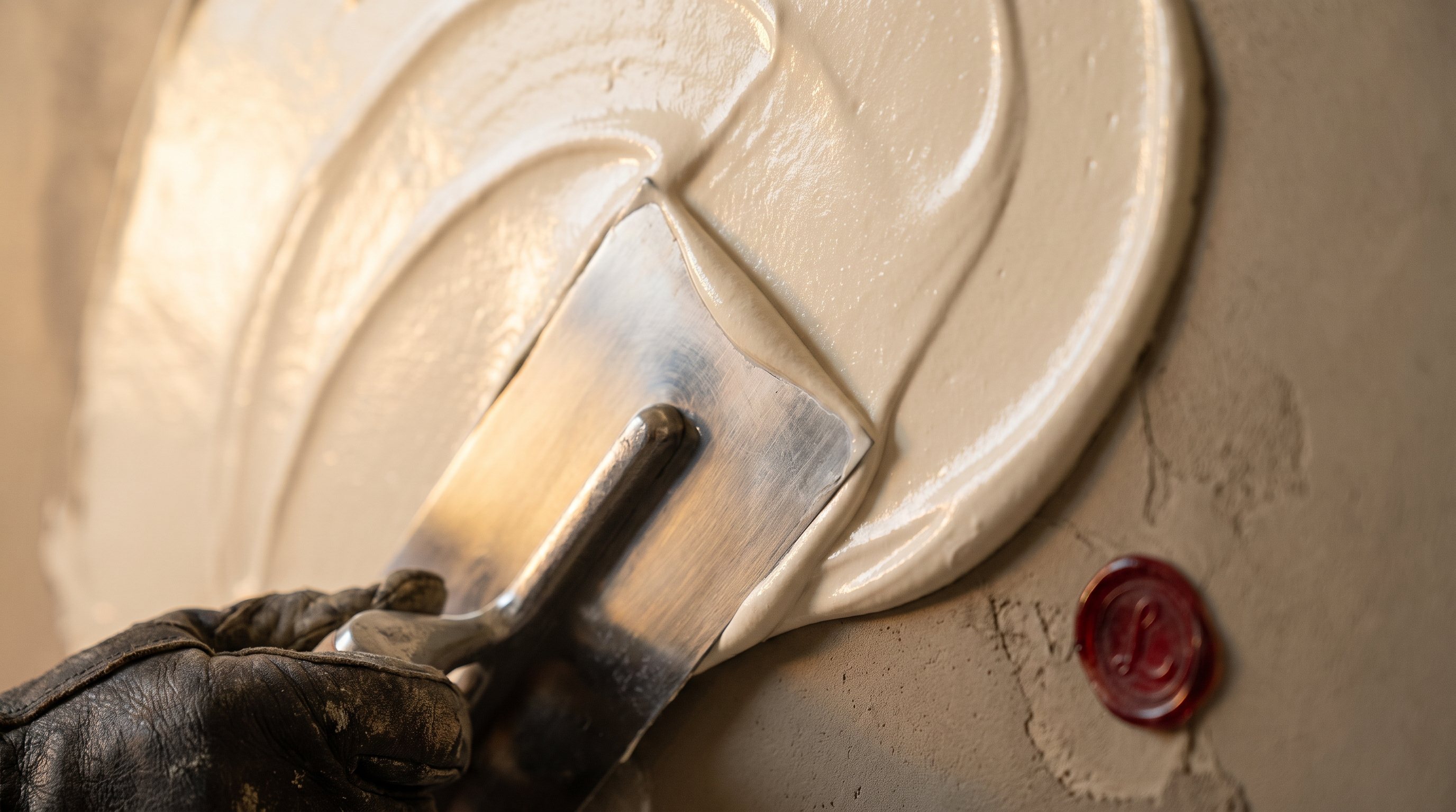 A trowel sweeping wet plaster beside a ruby wax seal