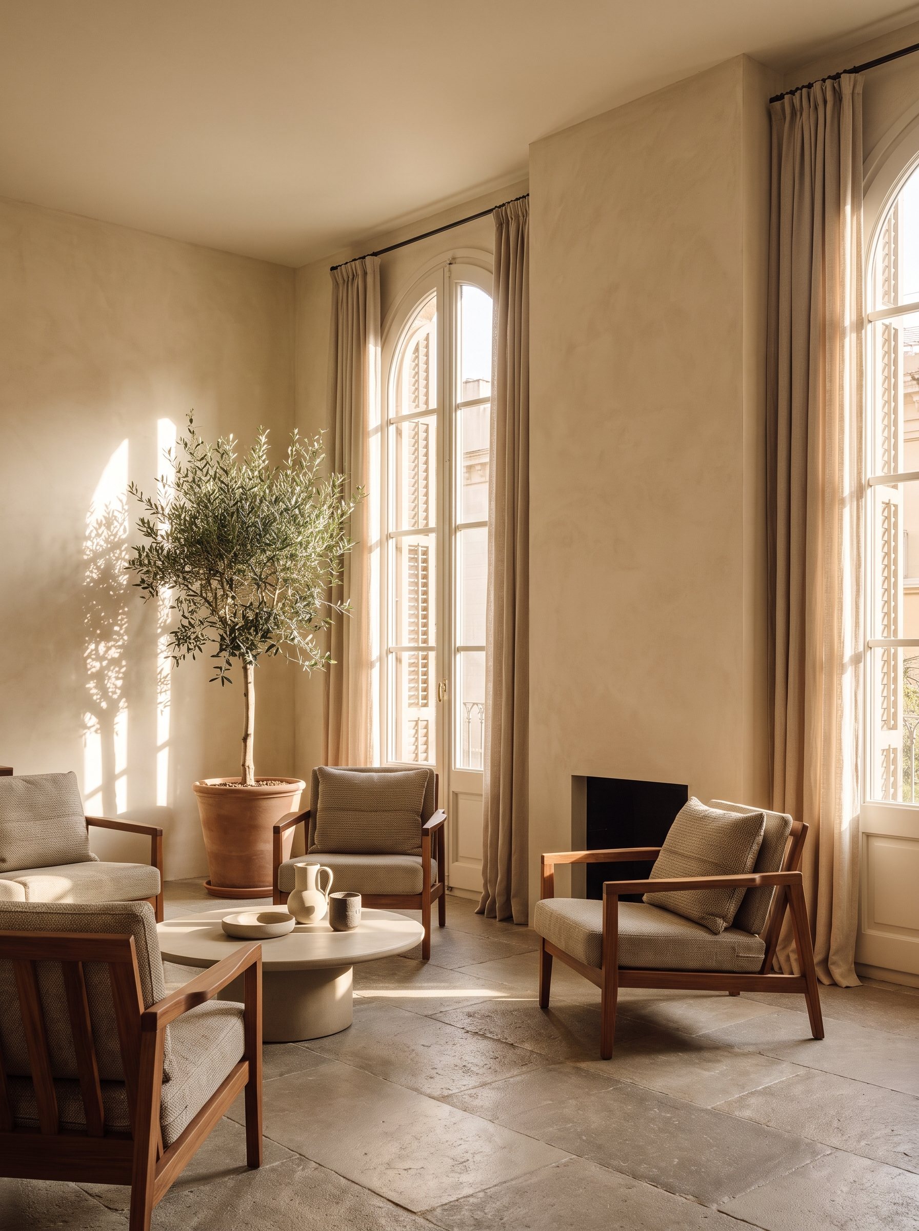 Sunlit Barcelona living room with a Beton Ciré feature wall
