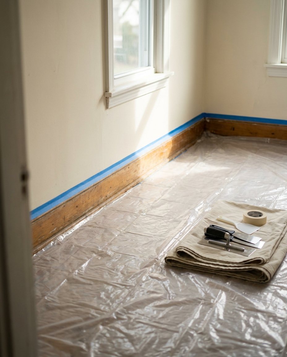 Painter's tape applied along a baseboard and the floor covered in protective plastic sheeting, trowels laid out neatly