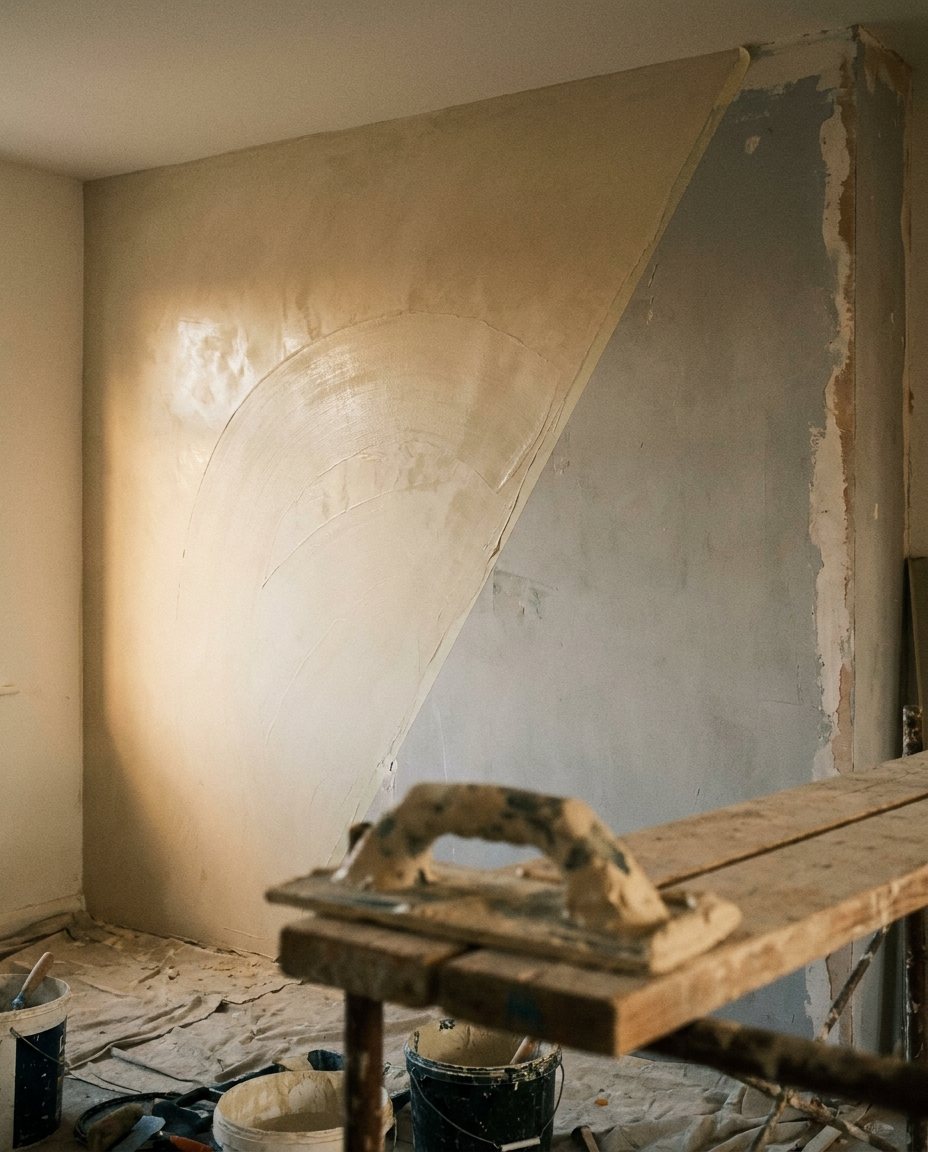 Accent wall mid-application: half coated in wet hand-troweled bone-cream micro-cement, half still bare, a trowel resting in the foreground