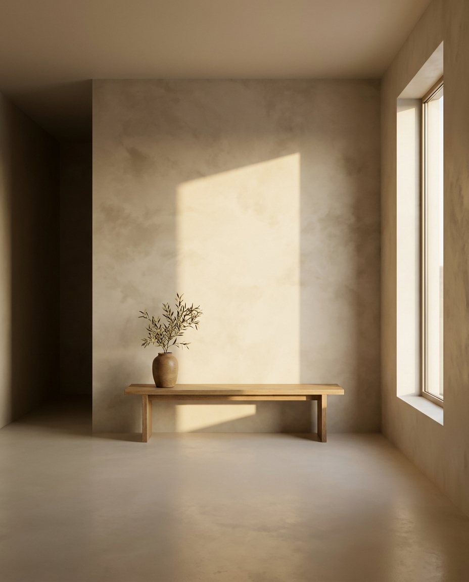 Finished minimalist bone-cream micro-cement wall in warm Mediterranean sunlight from a side window
